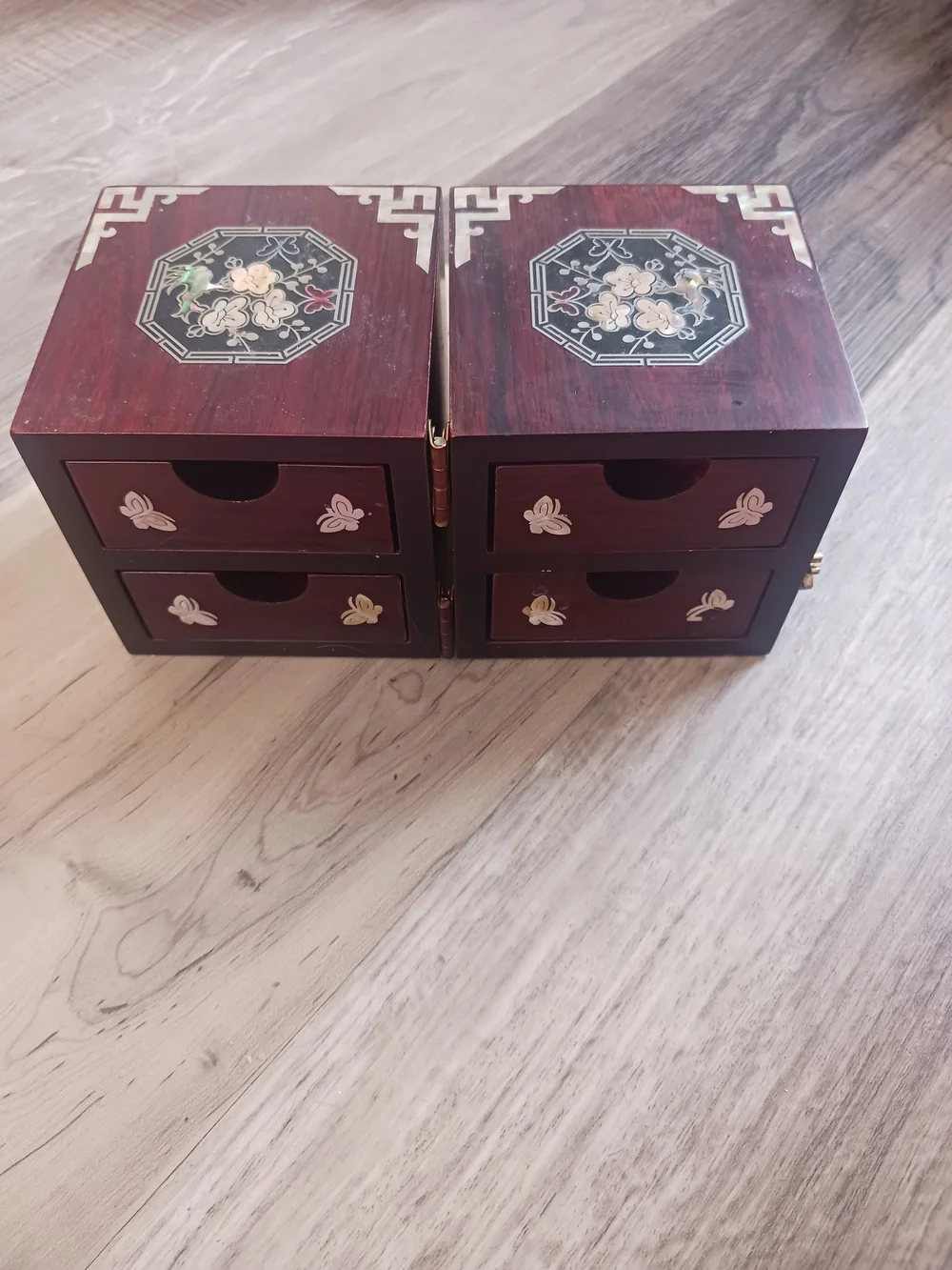 Korean Octagonal Floral Inlay Wooden Jewelry Box W/ Cranes
